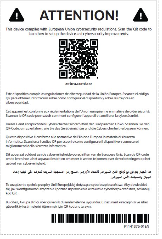Karta ATTENTION! z kodem QR dołączana do drukarek Zebra zgodnych z EU RED