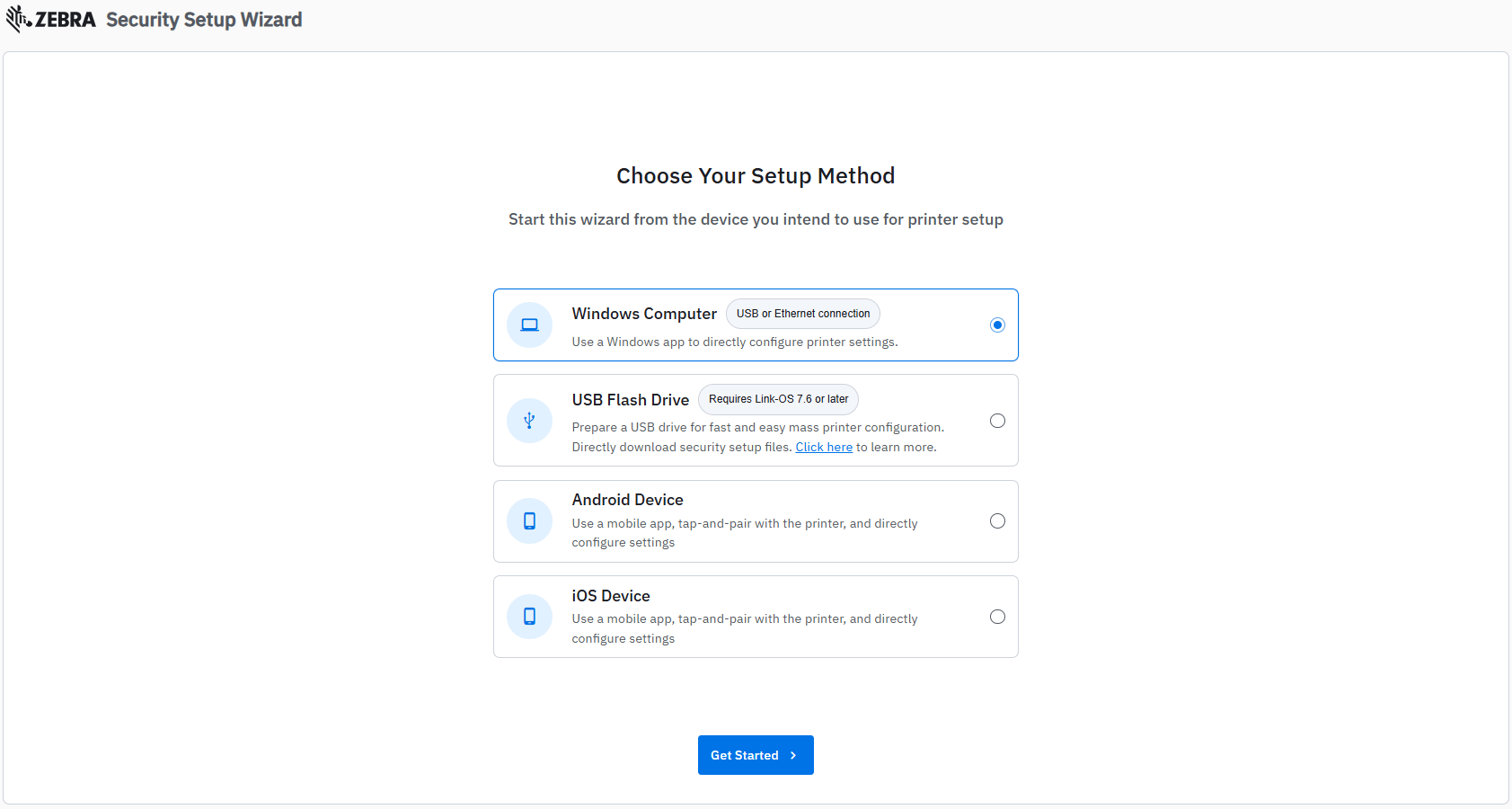 Zebra Security Setup Wizard – wybór metody konfiguracji: Windows, pamięć USB, Android, iOS