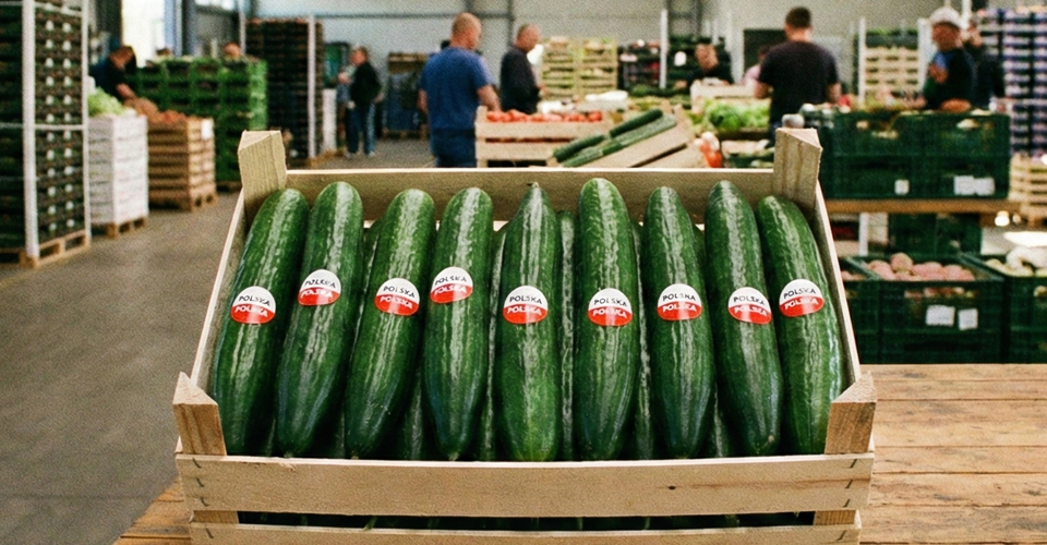 Ogórki w hurtowni warzyw i owoców oznaczone flagą polski