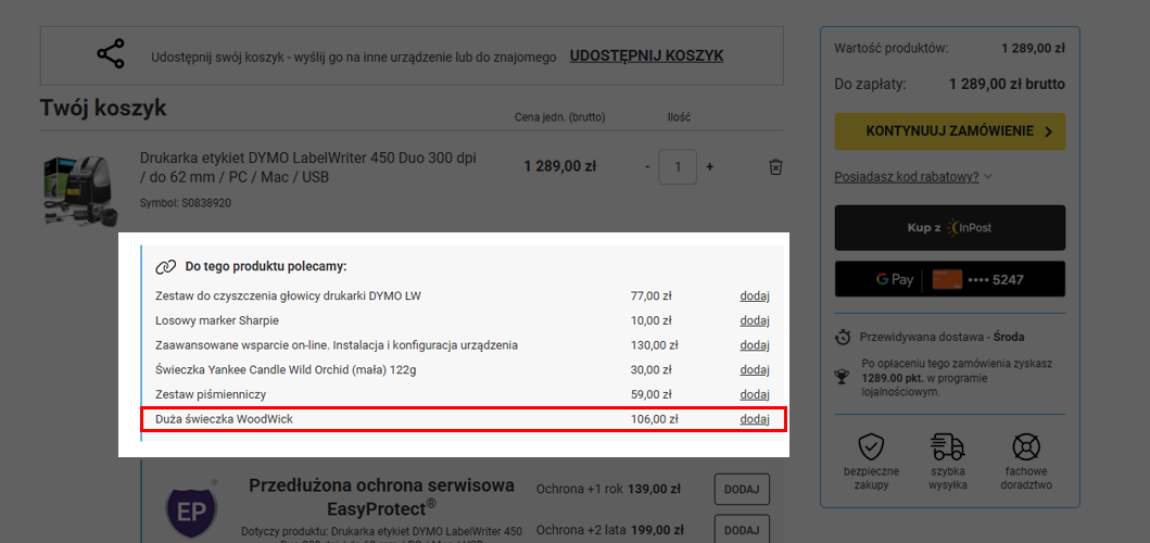 Widok produktów gratisowych w koszyku