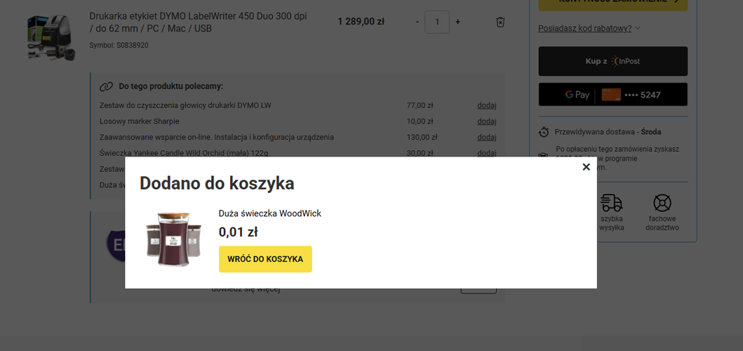 Widok produktów gratisowych w koszyku