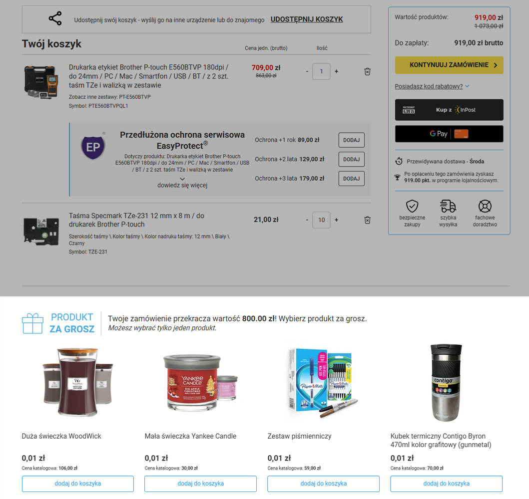 Widok produktów gratisowych w koszyku