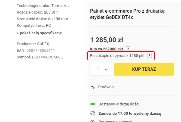 Punkty za dany produkt na karcie towaru