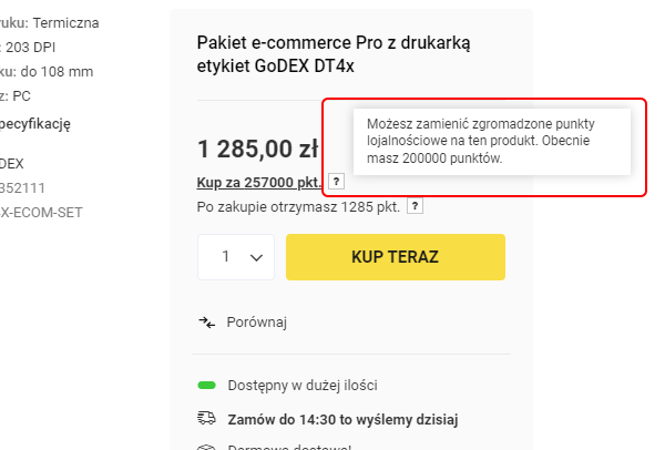 Informacja o zgromadzonych punktach na karcie towaru