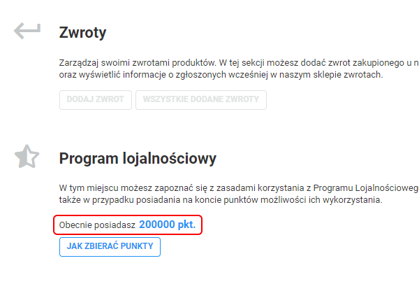Kolumna program lojalnociowy na stronie konta klienta