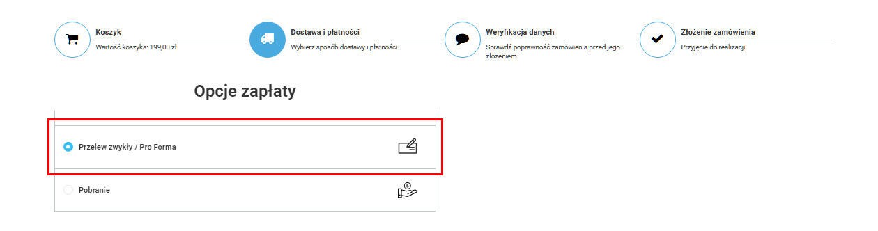 Widok płatności i dostawy w koszyku