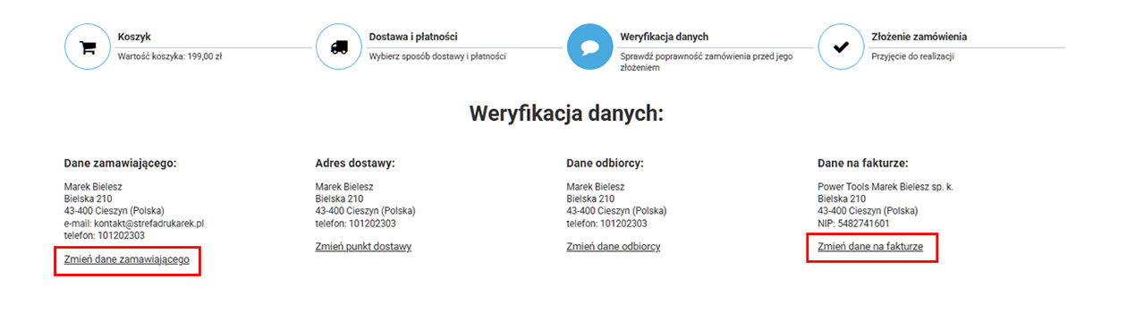 Widok weryfikacji danych w koszyku