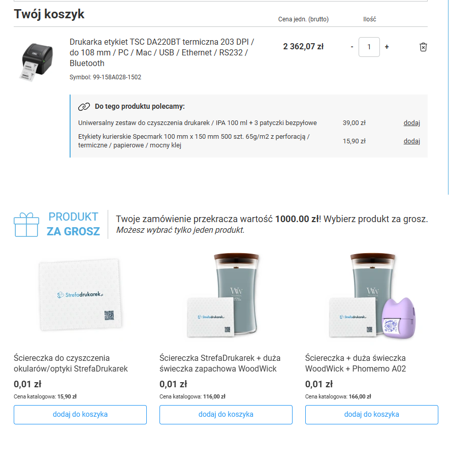 Widok produktów za 1 gr w koszyku