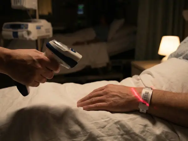 Skanowanie kodu z opaski śpiącego pacjenta