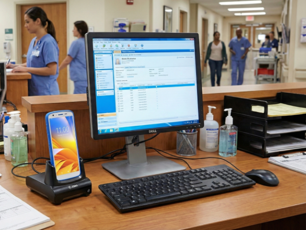 Terminal podłączony do monitora, klawiatry i myszki