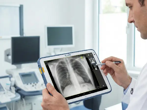 Lekarz analizujący wyraźne zdjęcie rentgenowskie na dużym ekranie tabletu Zebra ET45-HC