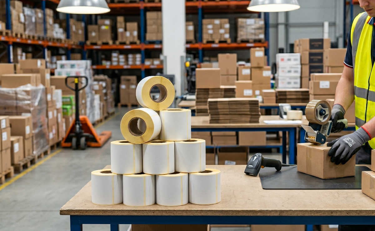 Rolik etykiet kurierskich na magazynie