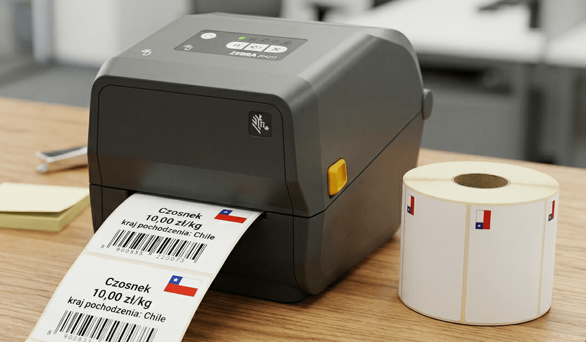 Drukarka etykiet z wydrukowaną etykietą z flagą Chile