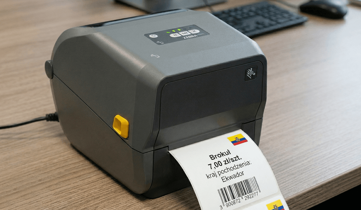 Drukarka etykiet z wydrukowaną etykietą z flagą Ekwadoru