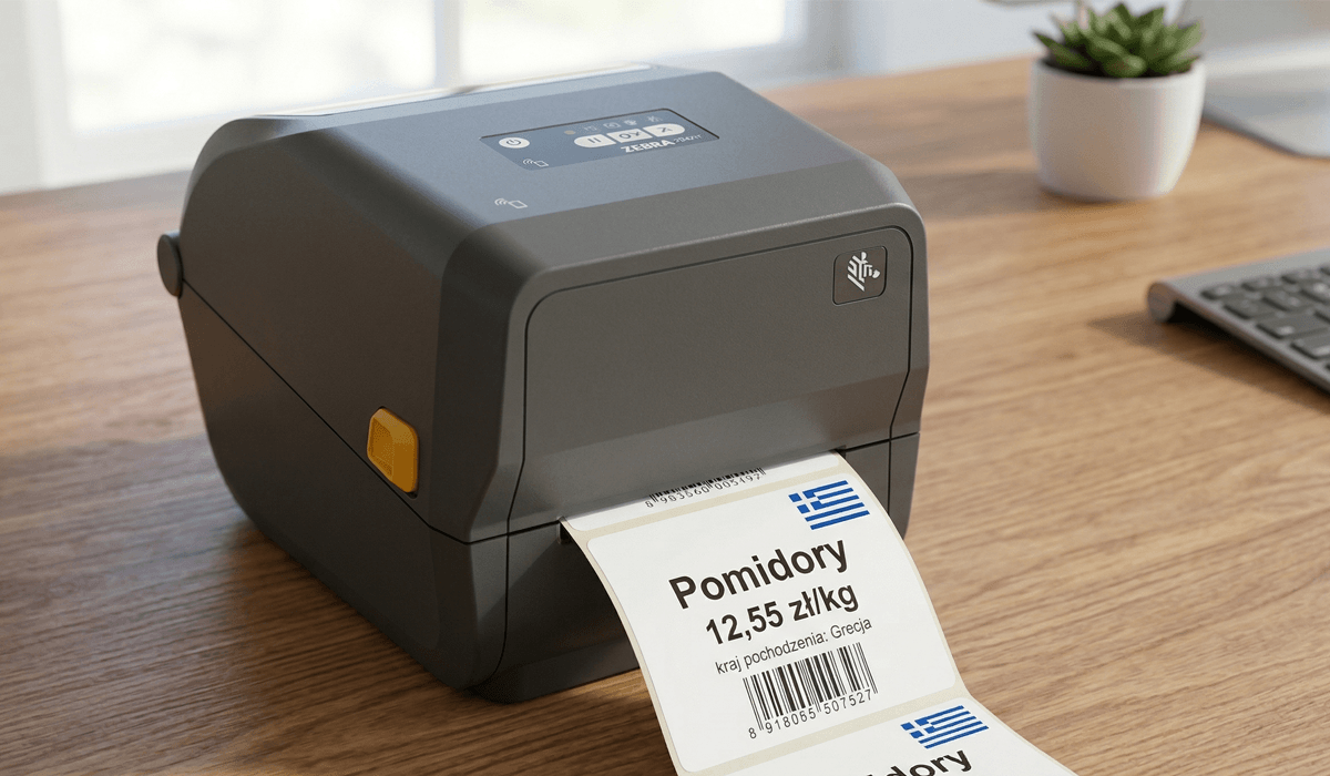 Drukarka etykiet z wydrukowaną etykietą z flagą Grecji