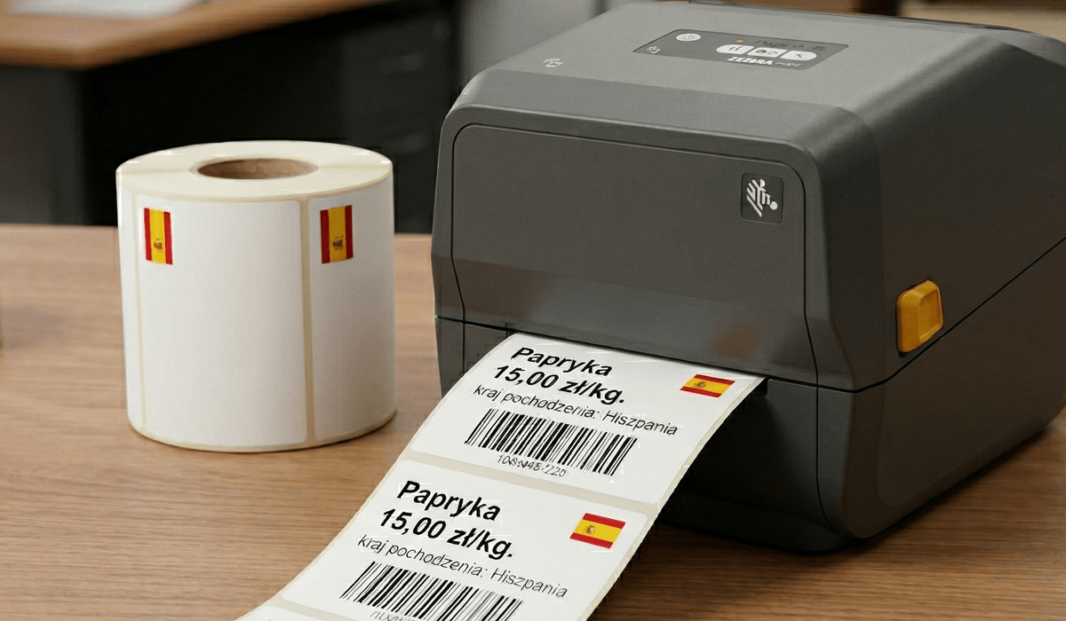 Drukarka etykiet z wydrukowaną etykietą z flagą Hiszpanii