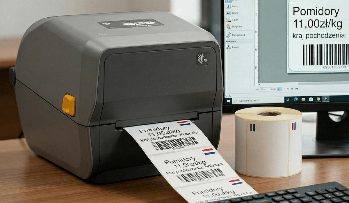 Drukarka etykiet z wydrukowaną etykietą z flagą Holandii