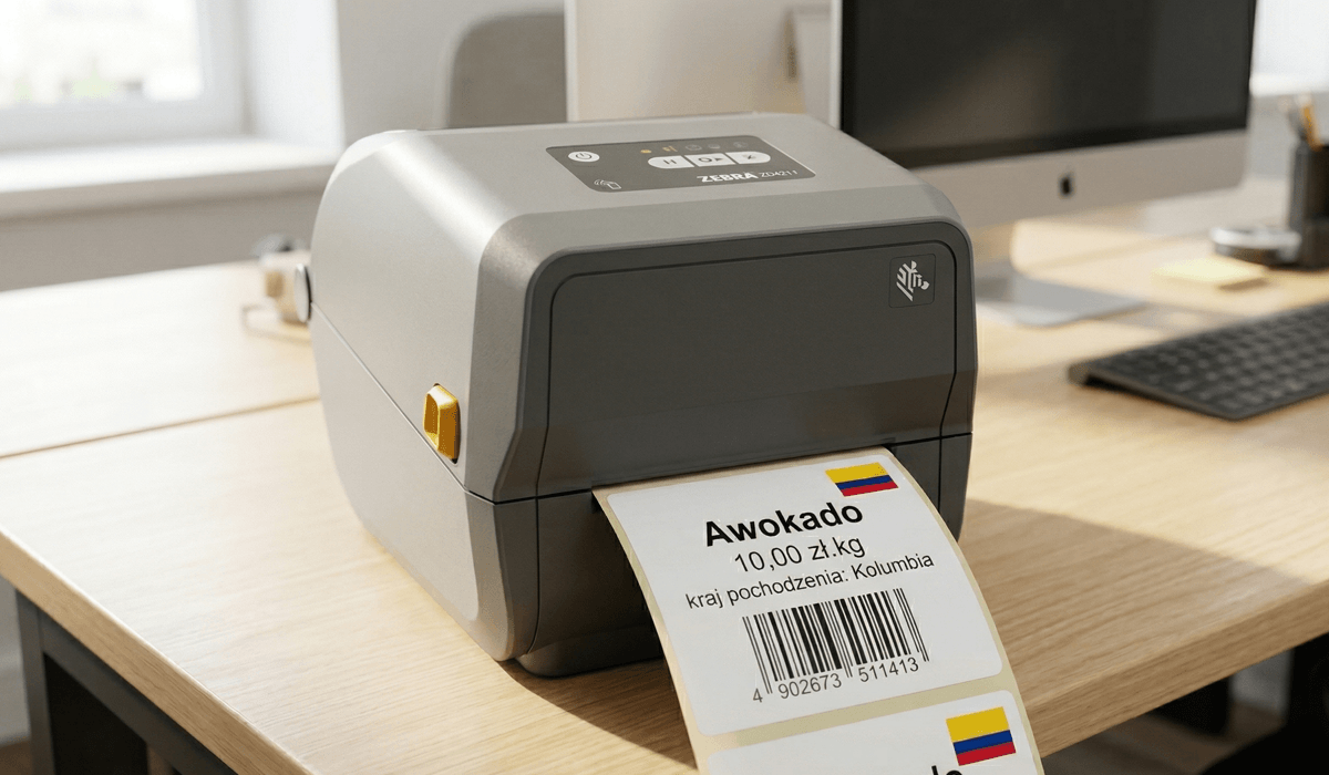 Drukarka etykiet z wydrukowaną etykietą z flagą Kolumbii