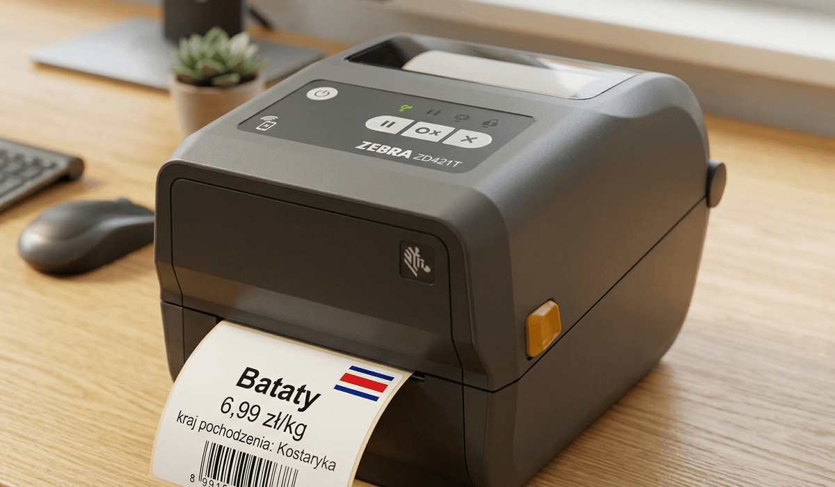 Drukarka etykiet z wydrukowaną etykietą z flagą Kostaryki