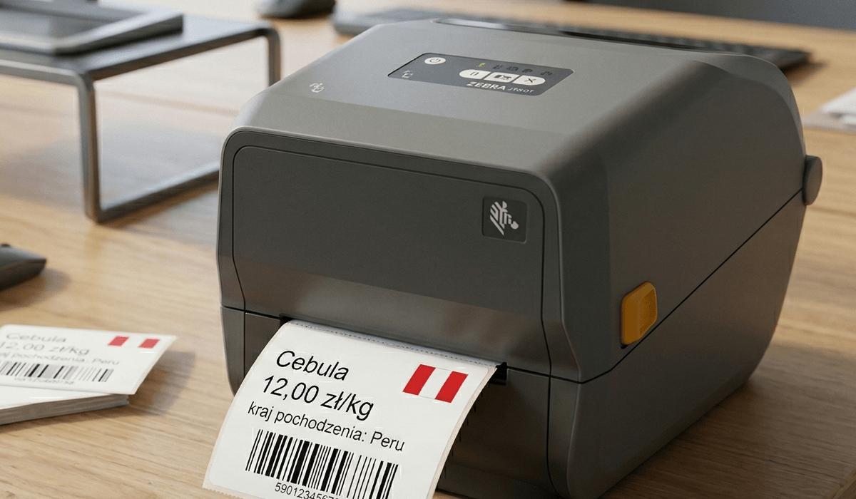 Drukarka etykiet z wydrukowaną etykietą z flagą Peru