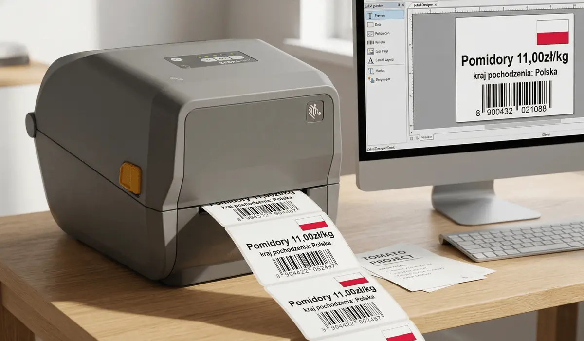 Drukarka etykiet z wydrukowaną etykietą z flagą Polski