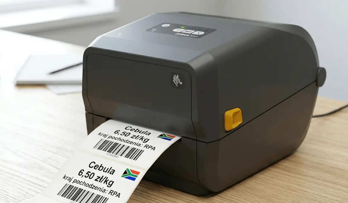 Drukarka etykiet z wydrukowaną etykietą z flagą RPA
