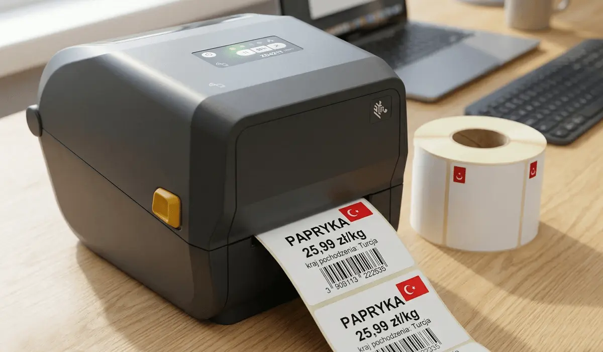 Drukarka etykiet z wydrukowaną etykietą z flagą Turcji