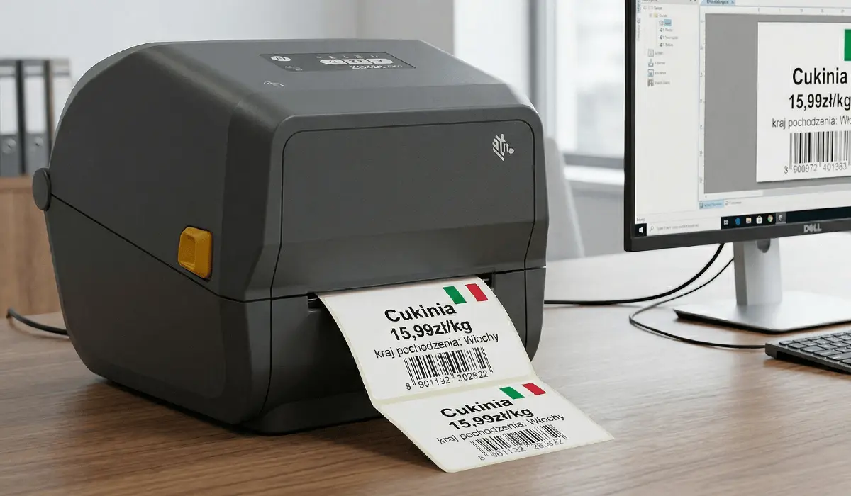 Drukarka etykiet z wydrukowaną etykietą z flagą Włoch