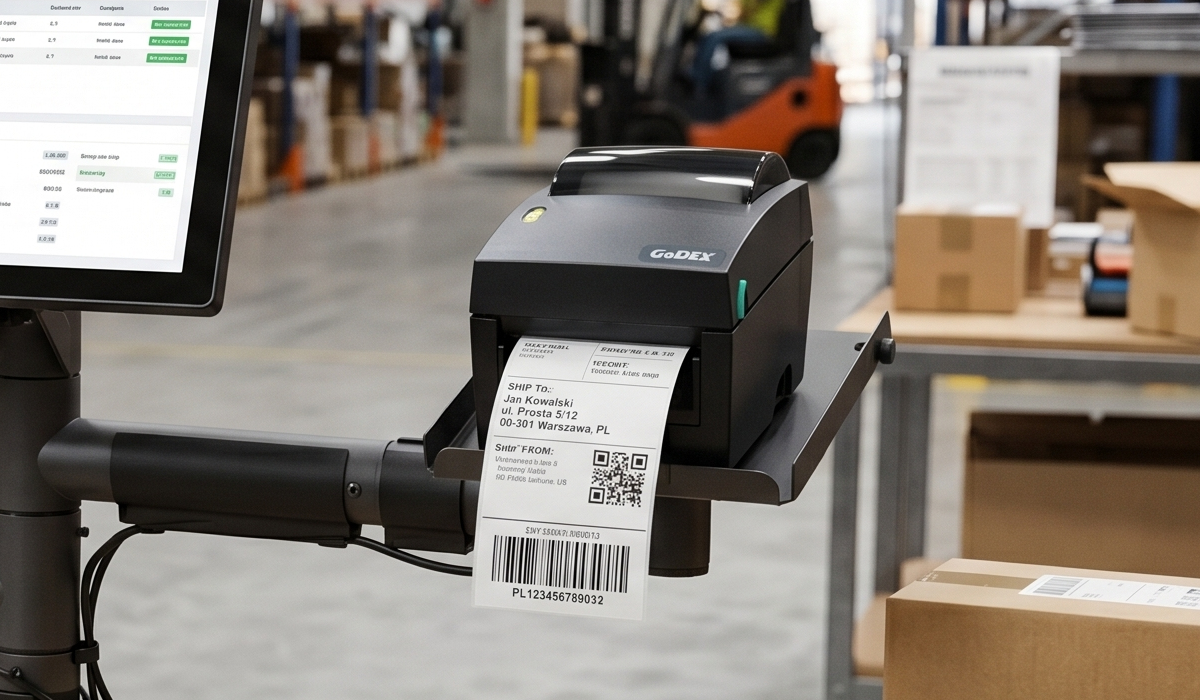 Drukarka GoDEX DT4X na stojaku na pakowaczu w magazynie