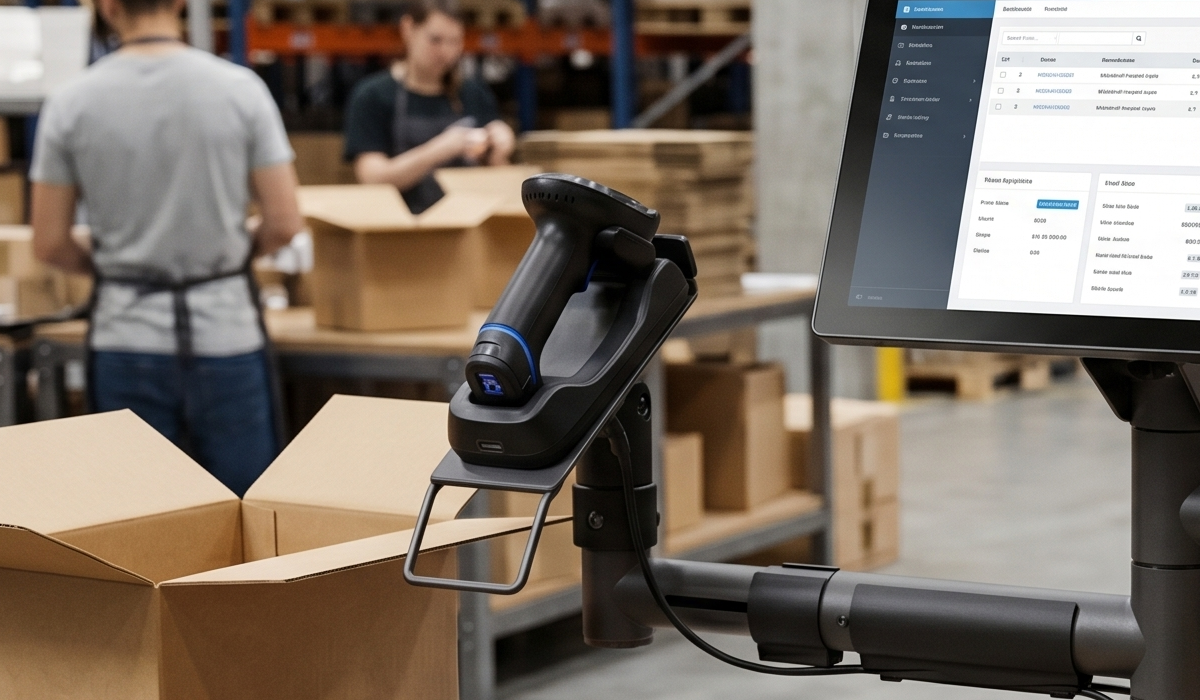 Czytnik Newland HR23 Dorada na stojaku na pakowaczu w magazynie