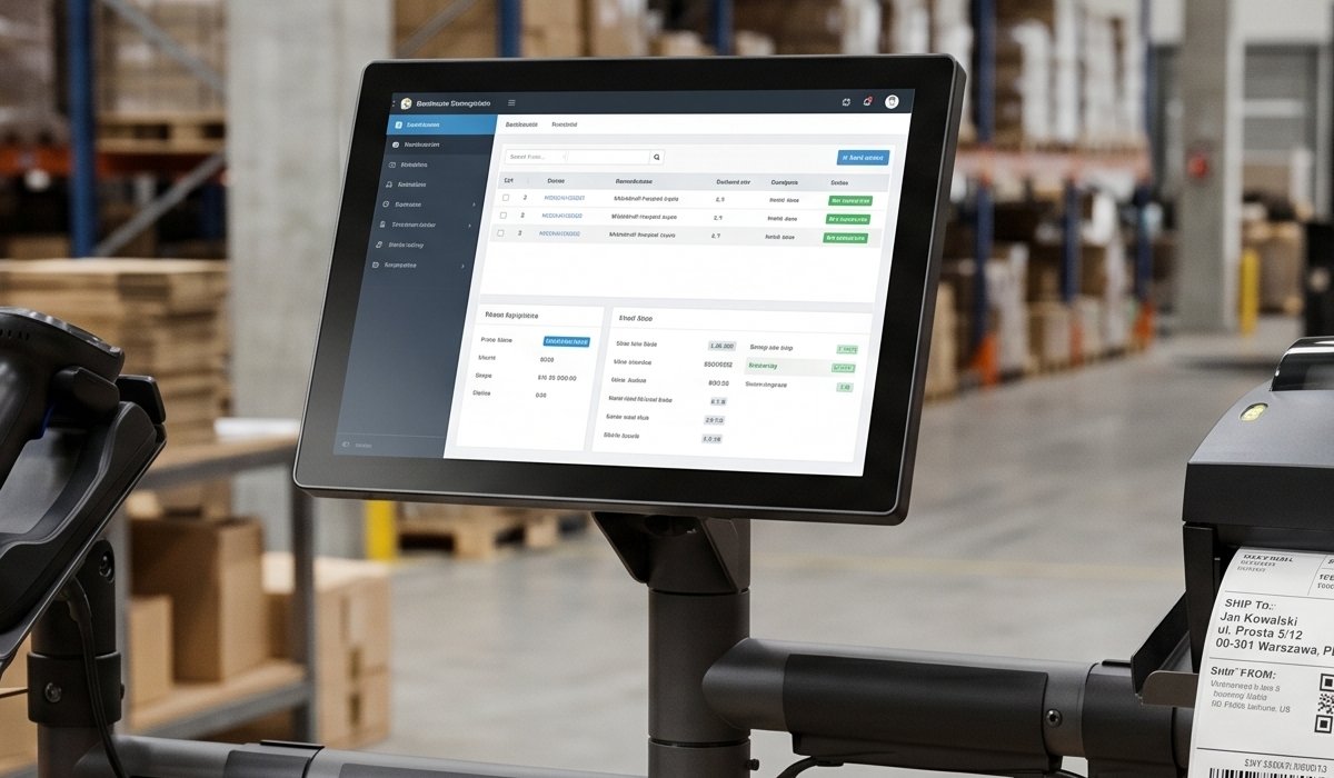 Terminal na stojaku na pakowaczu na magazynie