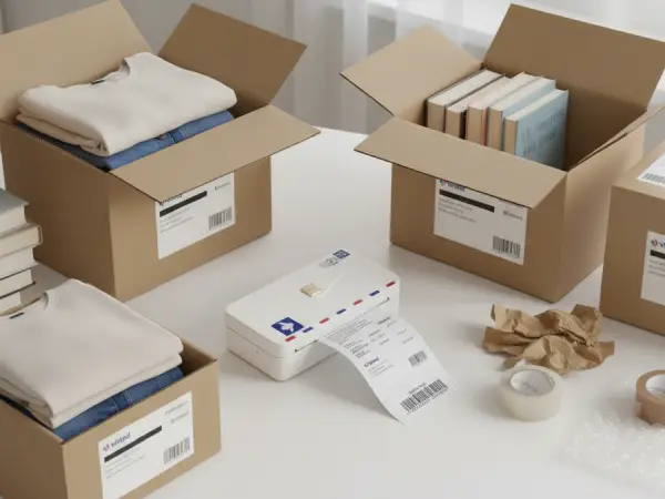 Drukarka z etykietą kurierską między paczkami