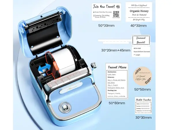 Rózne rodzaje etykiet i wydruki z Phomemo M150