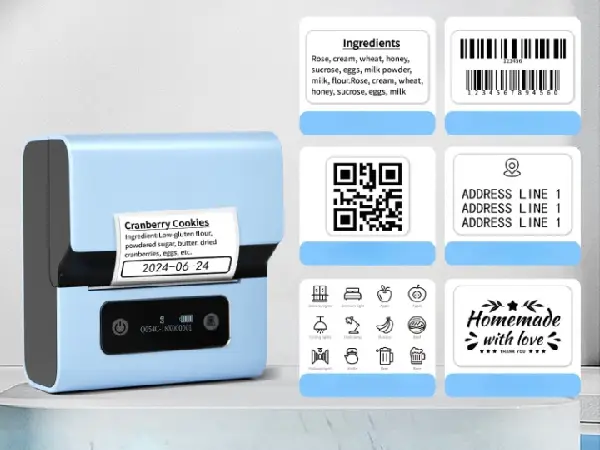 Rózne rodzaje etykiet i wydruki z Phomemo M221