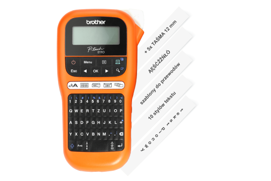 Drukarka Brother P-touch PT-E110 z wydrukami