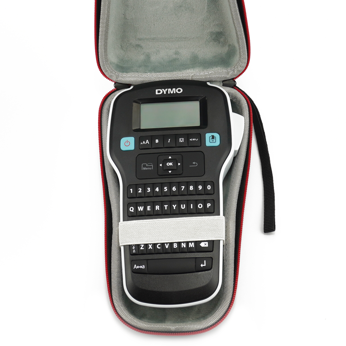 Etui specmark z gumką otwarte z drukarką DYMO LM 160 w środku