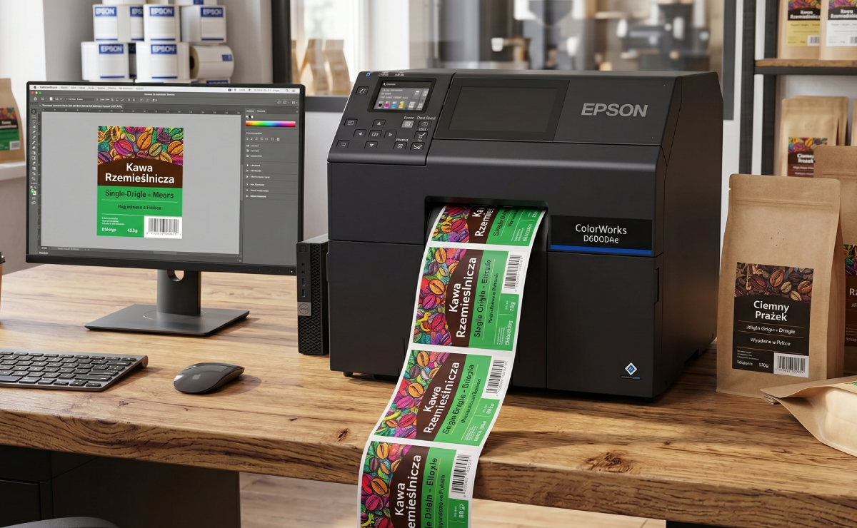 Drukarka Epson ColorWorks D6000Ae drukująca etykiety na kawę