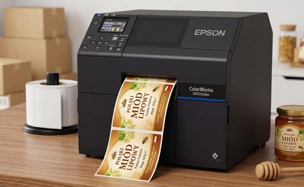 Drukarka Epson CW D6000Ae z kolorową etykietą na miód