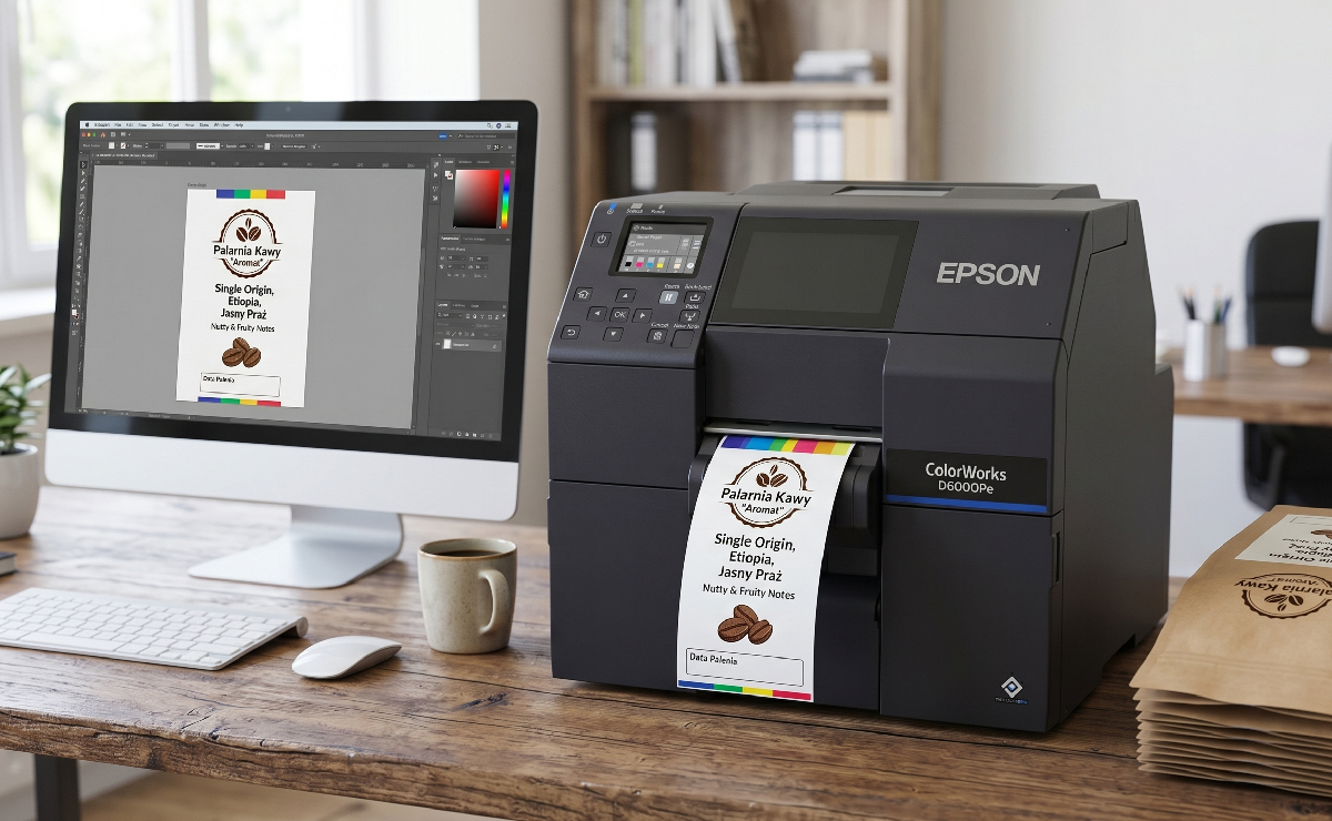 Drukarka Epson ColorWorks D6000Pe drukująca etykiety na kawę