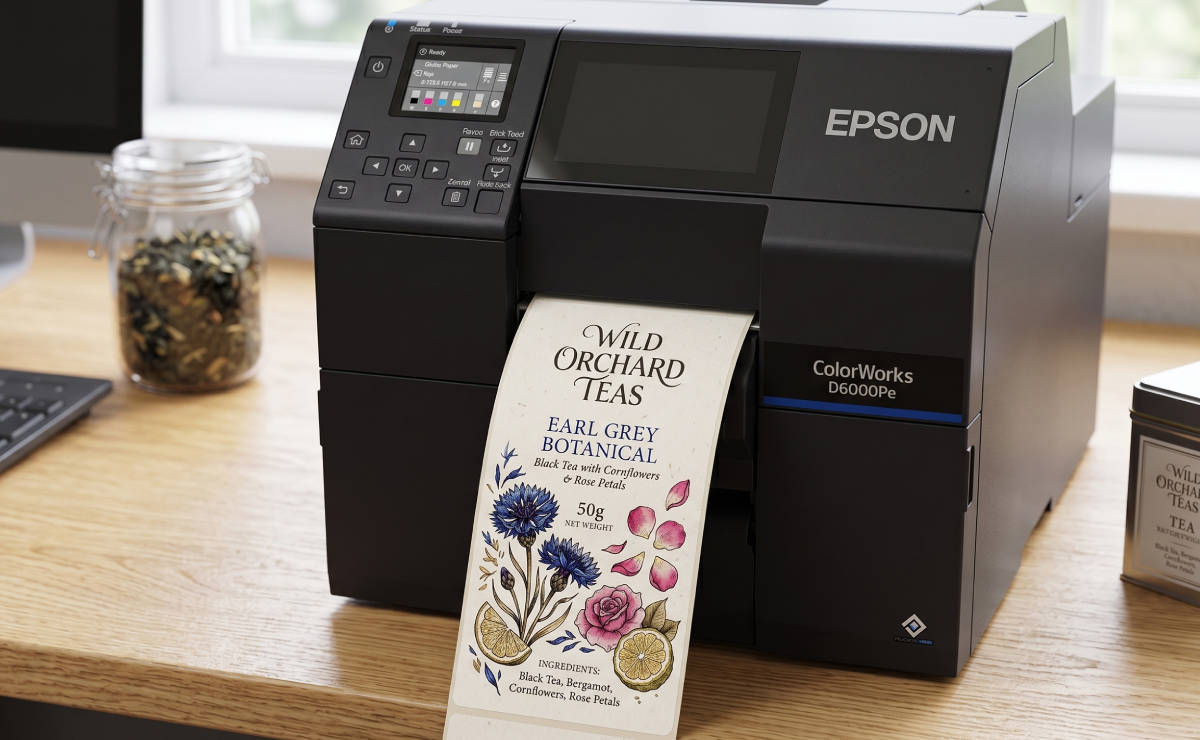 Drukarka Epson CW D6000Pe z kolorową etykietą na miód