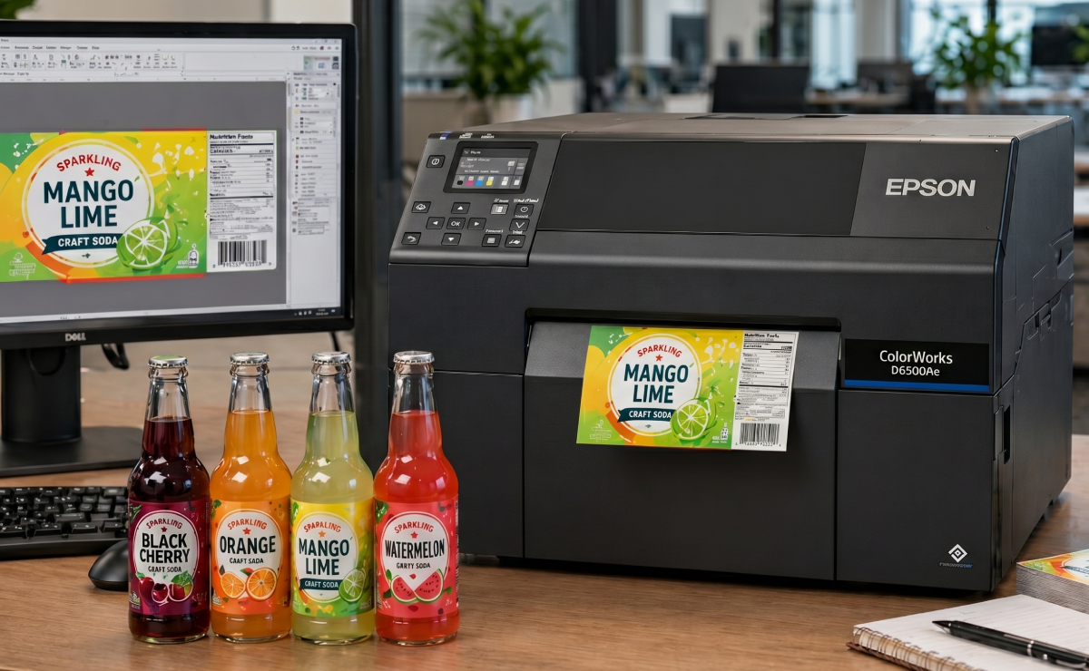 Drukarka Epson ColorWorks D6500Ae drukująca etykiety na butelki
