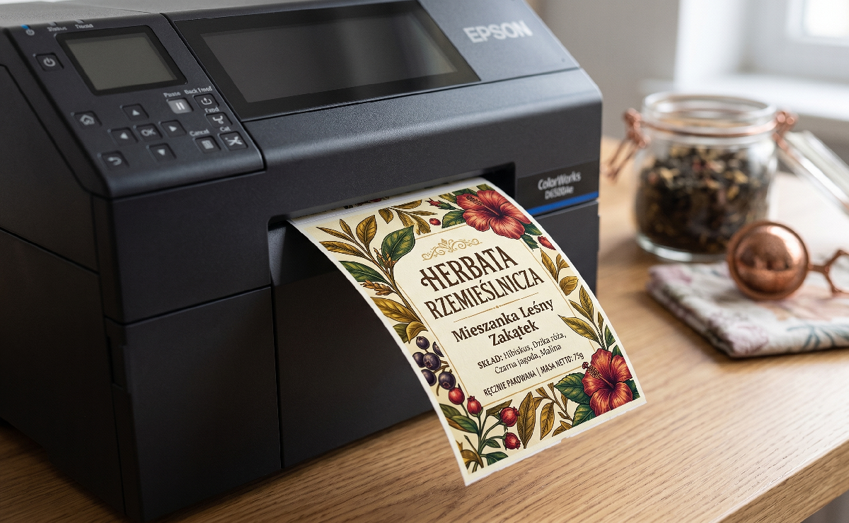 Drukarka Epson CW D6500Ae z kolorową etykietą na herbatę