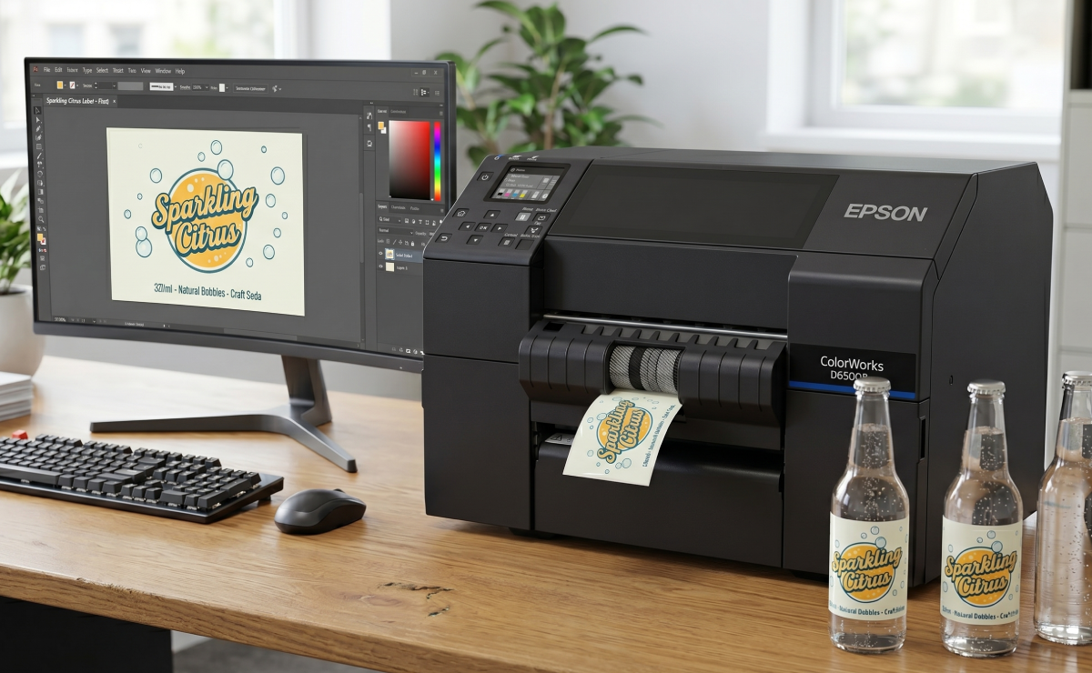 Drukarka Epson ColorWorks D6500Pe drukująca etykiety na butelki