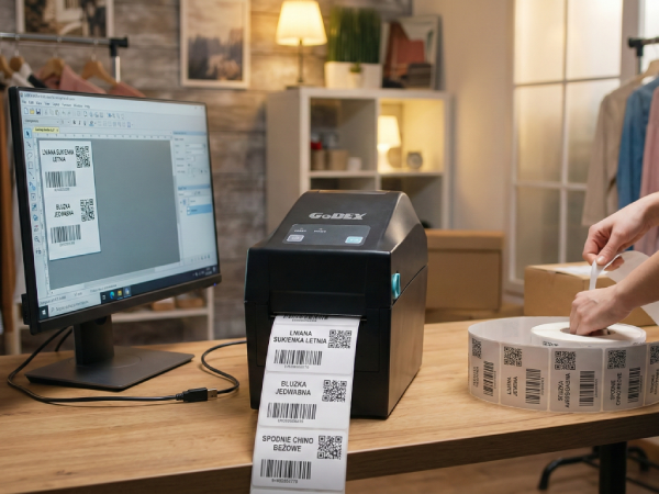 Drukarka GoDEX DT230+ drukująca etykiety na produkty