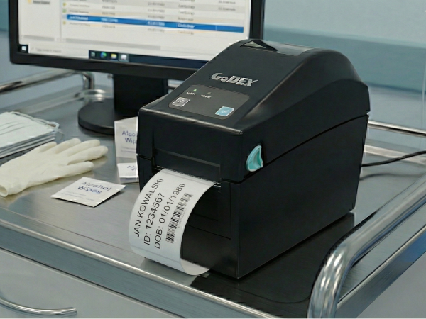 Drukarka GoDEX DT230+ drukująca etykietkę informacyjną w szpitalu