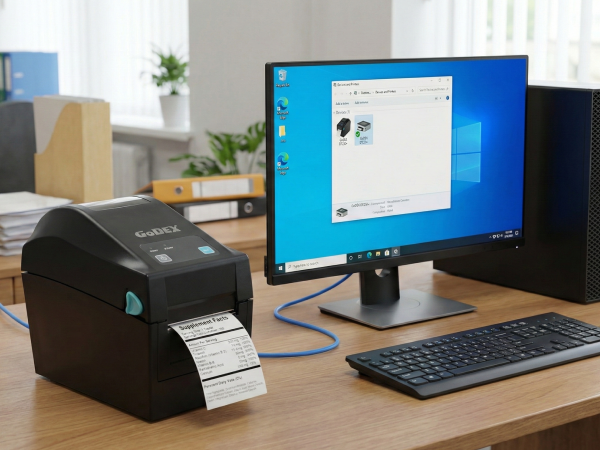 Drukarka GoDEX DT230+ z komputerem z systemem Windows i kablem USB