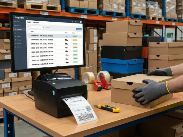 Drukarka GoDEX DT41 na pakowaczu sklepu z butami