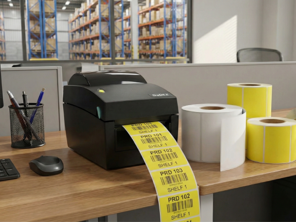 Żółte etykietyna półki magazynowe drukowane na GoDEX DT41