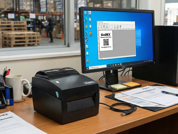 Drukarka GoDEX DT41 z komputerem z systemem Windows i kablem USB