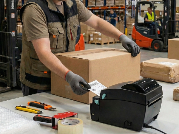 Drukarka GoDEX DT4L na pakowaczu sklepu